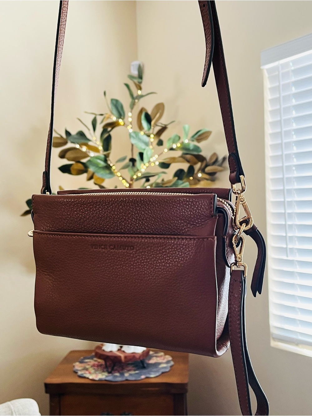 Vince Camuto Brown Pebbled Leather Crossbody Bag
